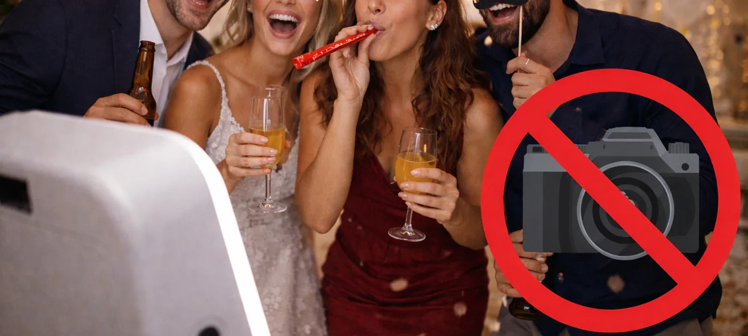 Groupe d'amis souriants prenant des photos avec un photobooth, symbole appareil photo barré