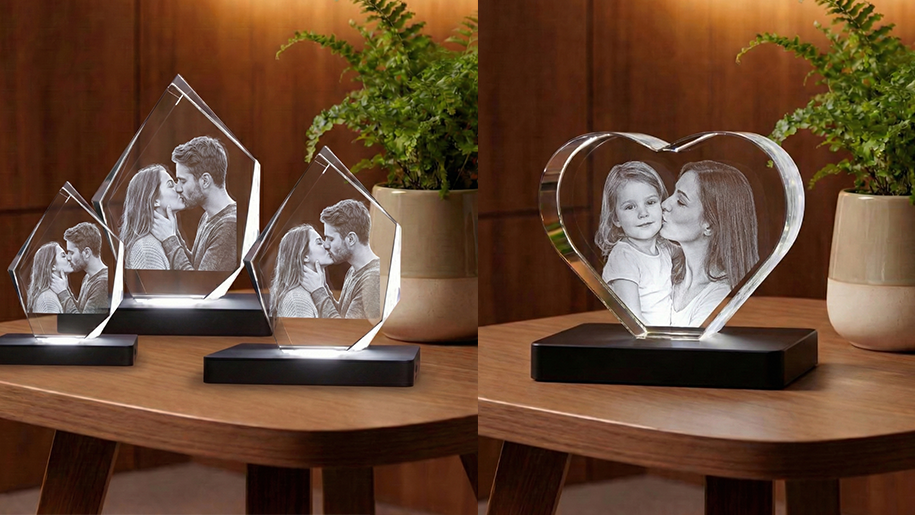 Gravure en 3d laser de personnes dans des blocs de verre.