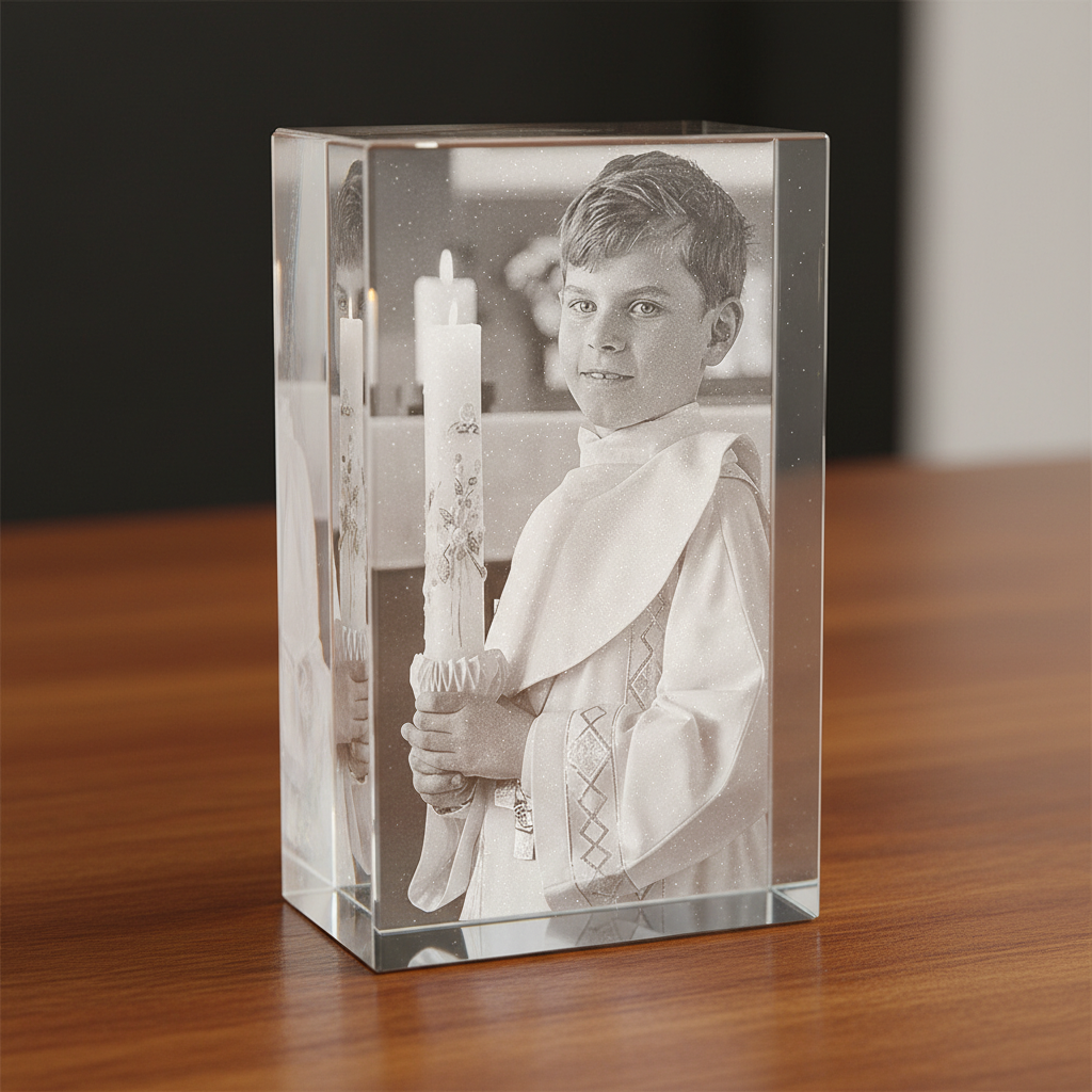 Jeune garçon vêtu d’une aube blanche de communion, tenant une bougie allumée décorée, debout dans une église.