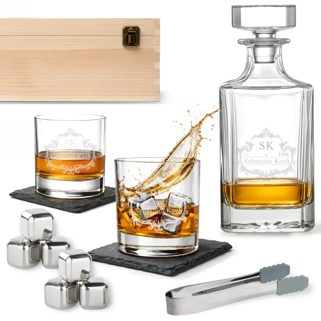 Cadeau en verre gravé avec carafe, verres et glaçons métalliques pour whisky
