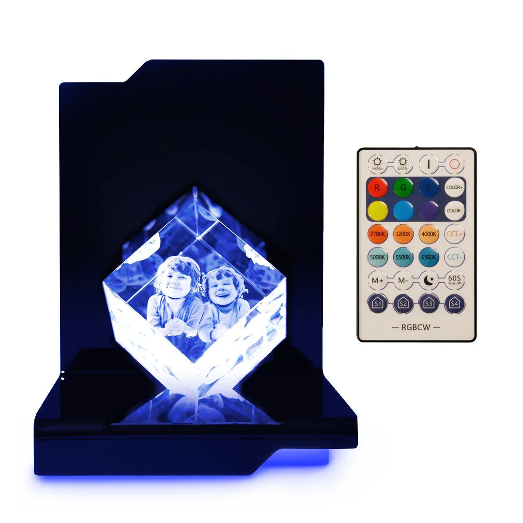 Cadeau en verre gravé avec photo 3D illuminée, télécommande RGB pour éclairage personnalisé