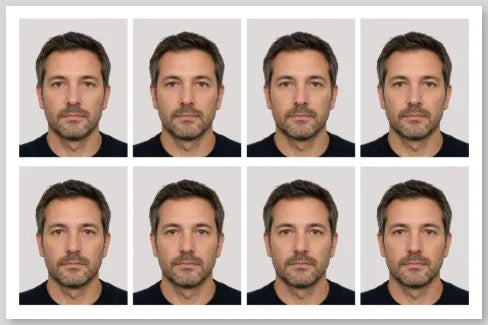 Grille de huit portraits identiques d'un homme barbu sur fond blanc