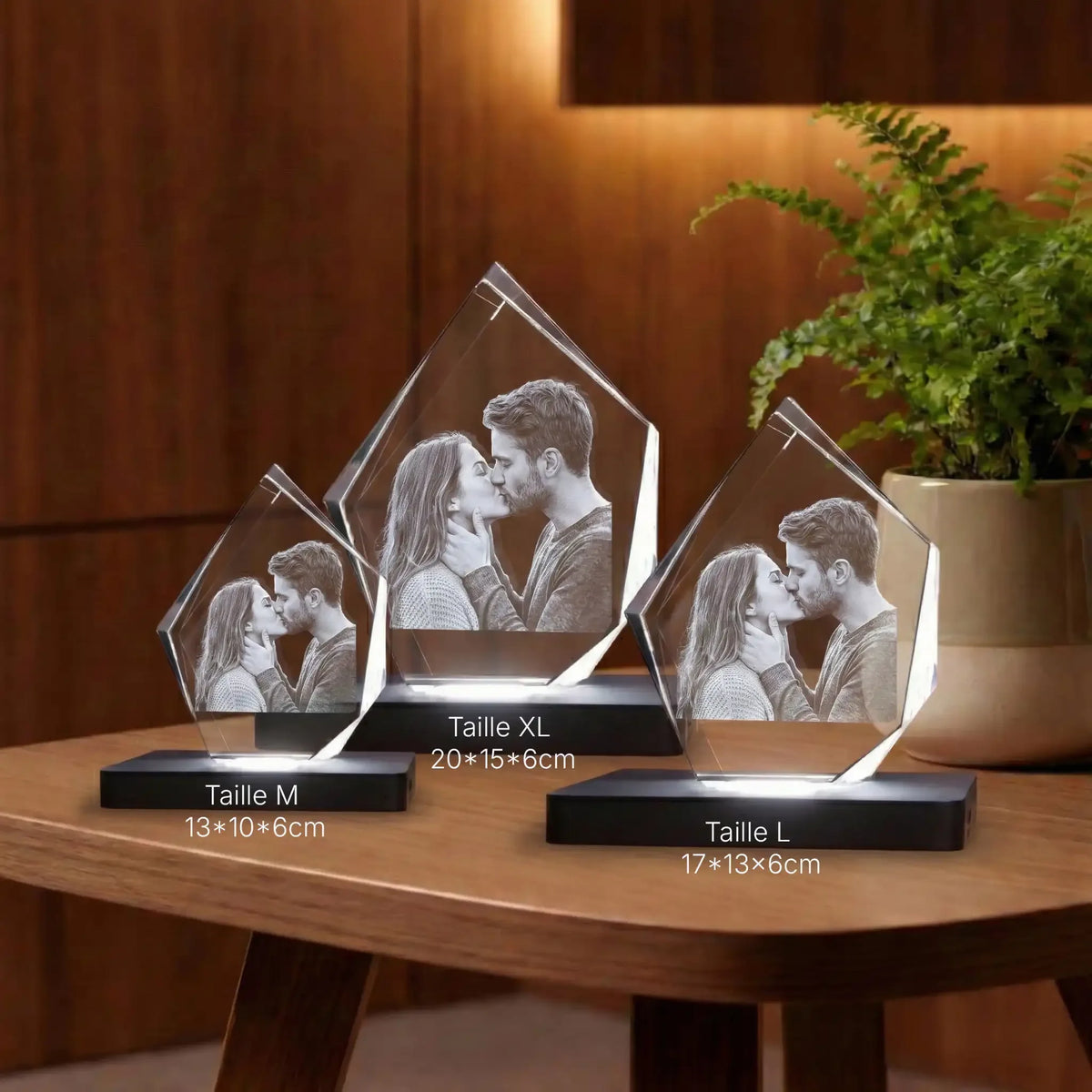 Trois blocs de verre gravés avec photos personnalisées de couple en tailles M, L et XL