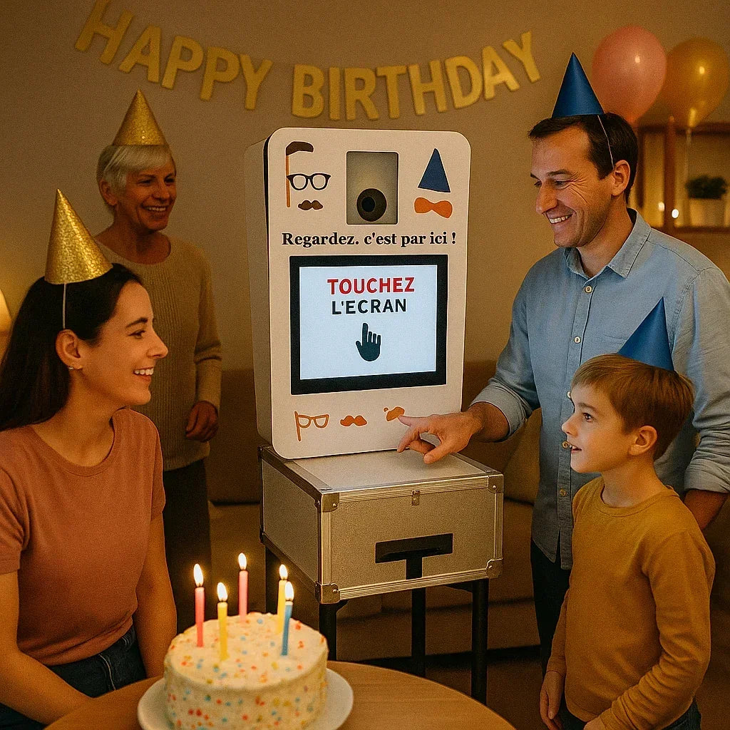 Famille fêtant un anniversaire avec une borne photo interactive ludique.