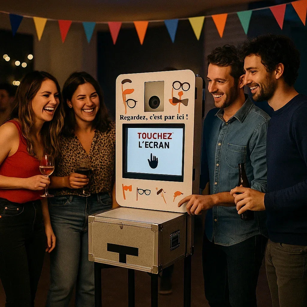 Quatre amis souriants autour d'une borne photo interactive lors d'une fête.