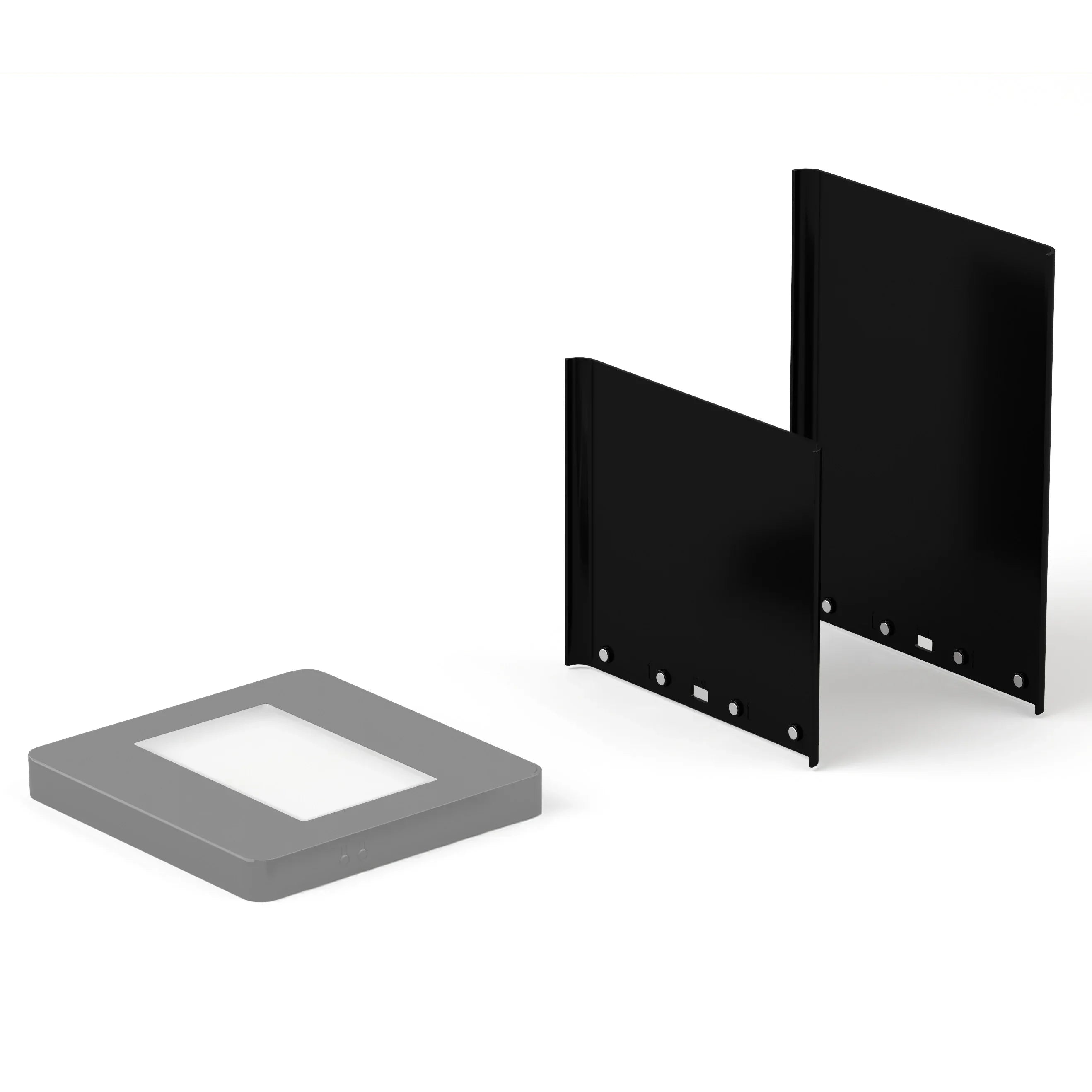 Deux plaques noires en métal et une base lumineuse pour support photo en verre personnalisé