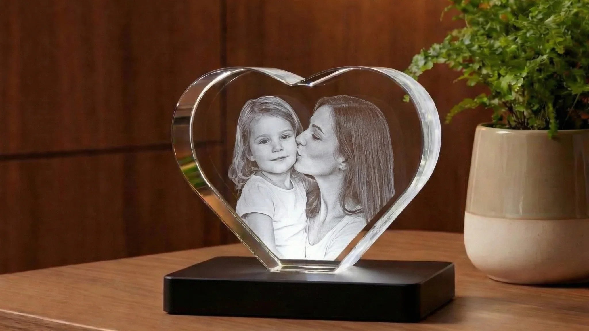 Cœur en verre 3D personnalisé avec photo gravée, cadeau décoratif sur table en bois.