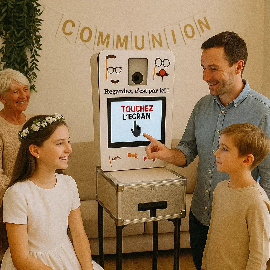 Famille utilisant une borne photo interactive lors d'une fête de communion.