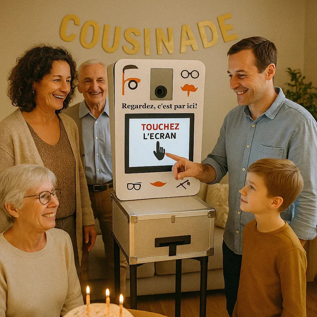 Famille souriante réunie autour d'une borne photo interactive lors d'une cousinade.