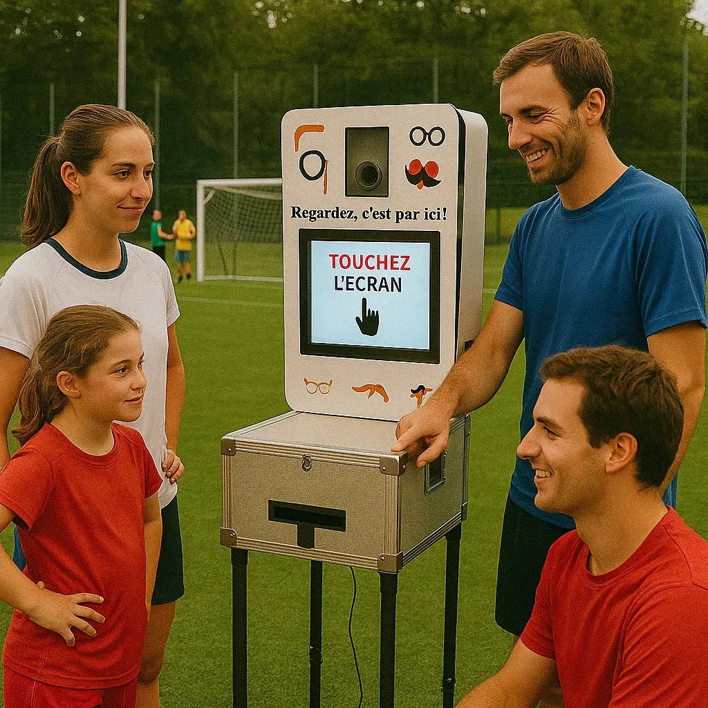 Trois personnes utilisant une borne photo interactive sur un terrain de sport.