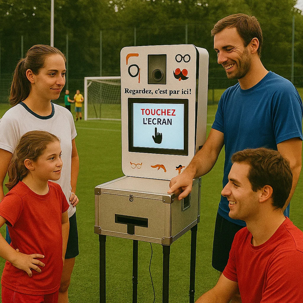 Groupe de personnes devant une borne photo tactile sur terrain de sport, ambiance événement sportif