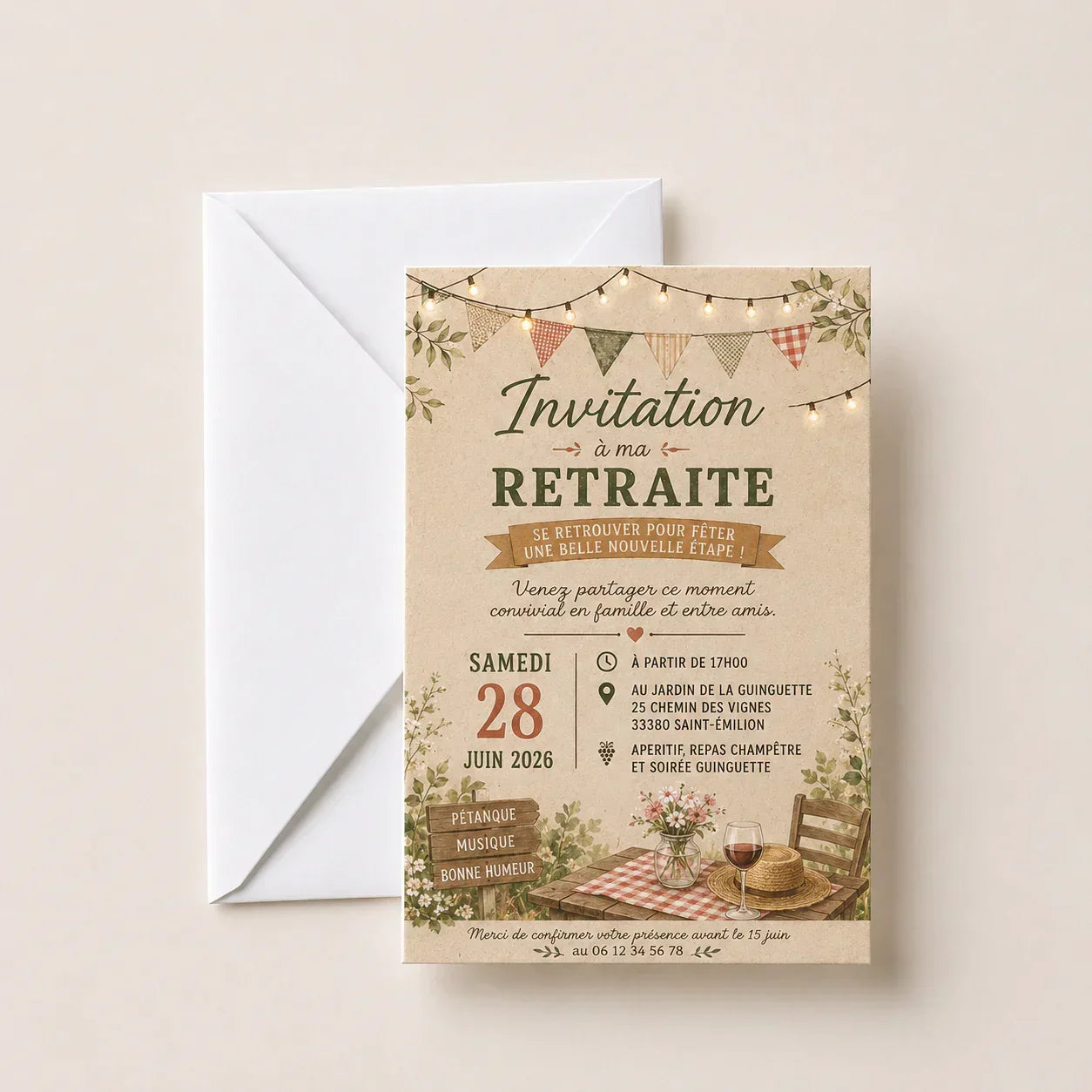 Invitation à ma retraite avec guirlandes et détails champêtres pour célébration conviviale