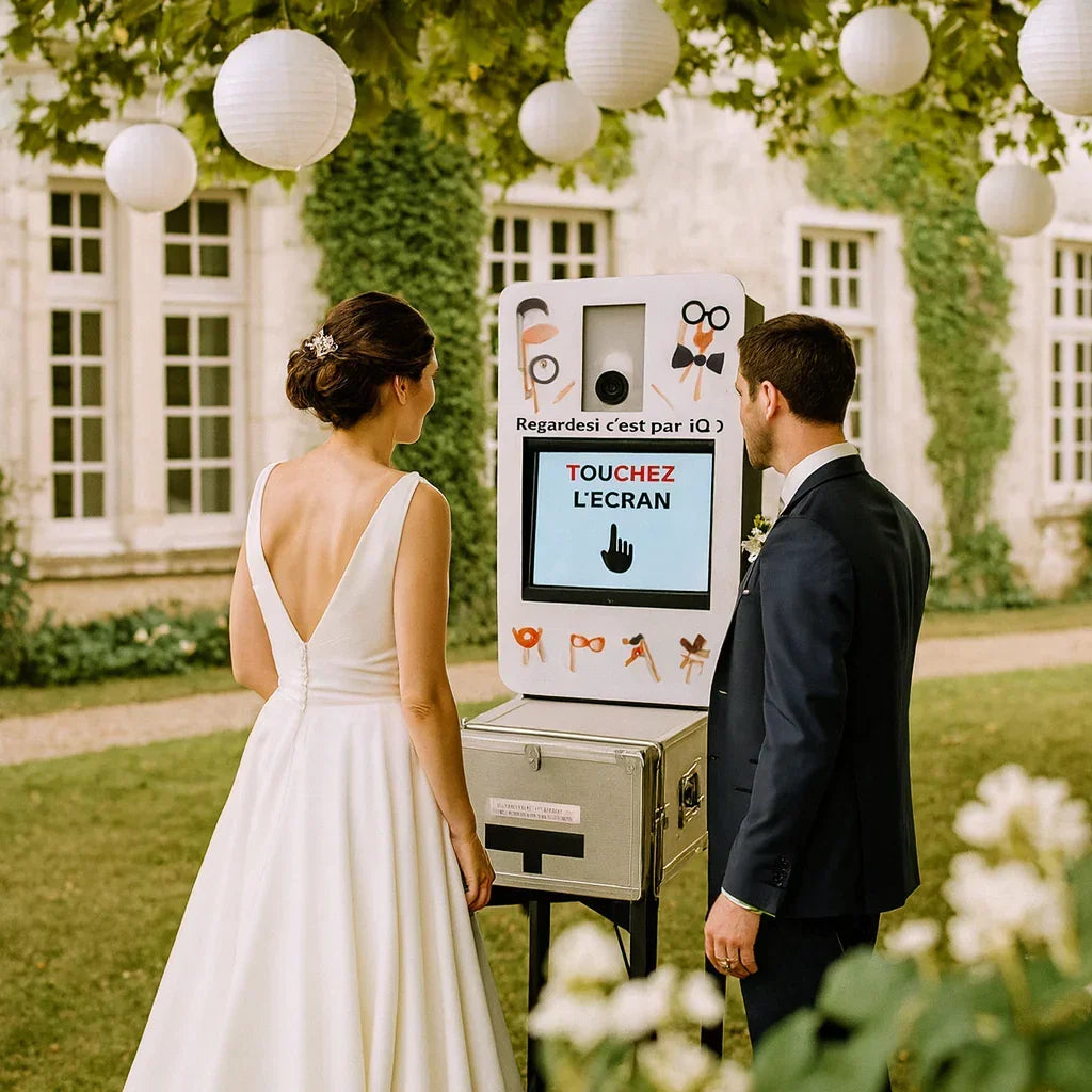 Un couple de mariés devant une borne photo interactive lors d'une réception en plein air.