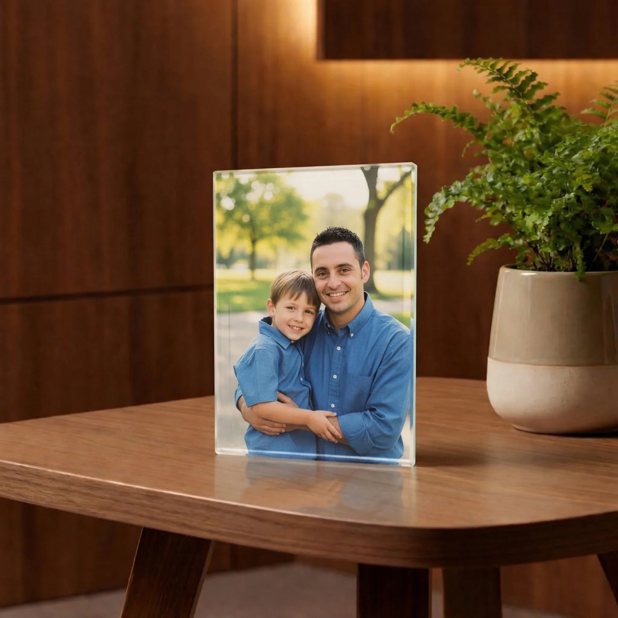Cadre photo personnalisé en verre avec image de famille, posé sur une table en bois