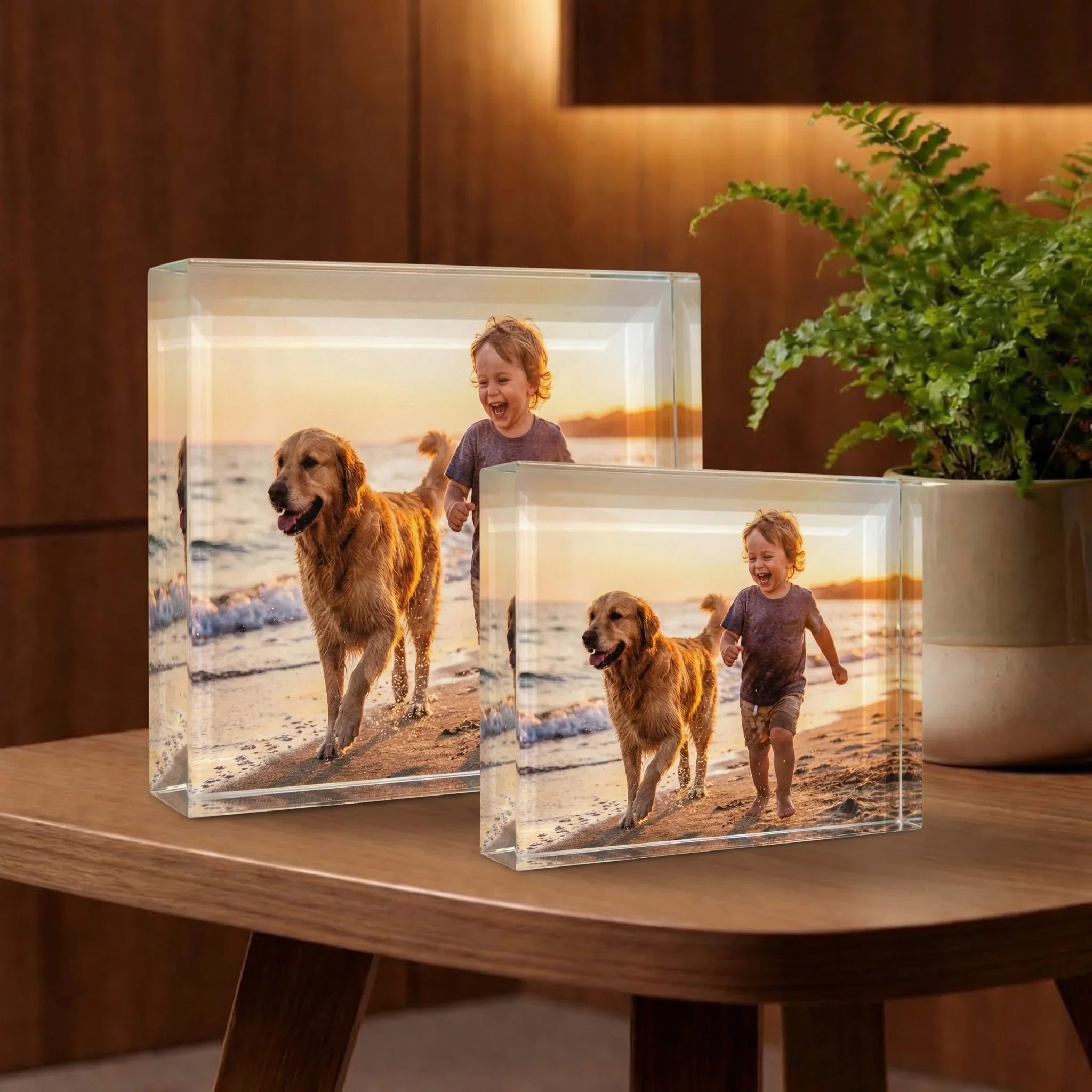 Photo personnalisée gravée dans un bloc de verre, enfant et chien sur une plage au coucher du soleil