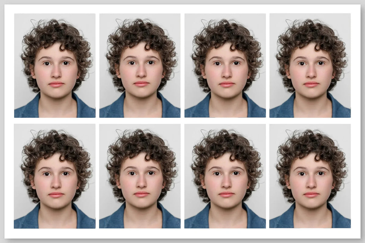 Planche de photos d'identité d'une jeune femme aux cheveux bouclés.