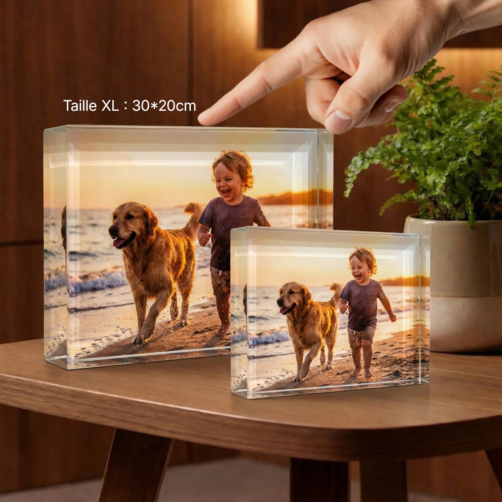Bloc en verre personnalisé avec photo gravée d’un enfant et d’un chien sur la plage au coucher du soleil.