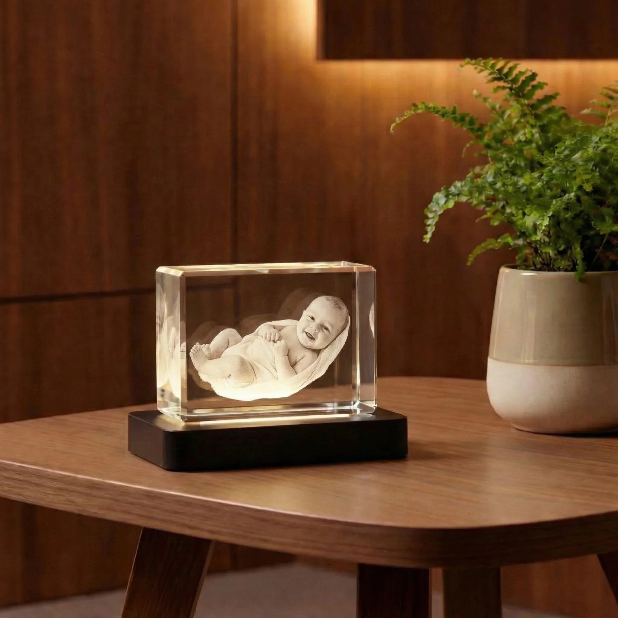 Photo gravée 3D d’un bébé dans un bloc de verre sur une table, décor intérieur moderne