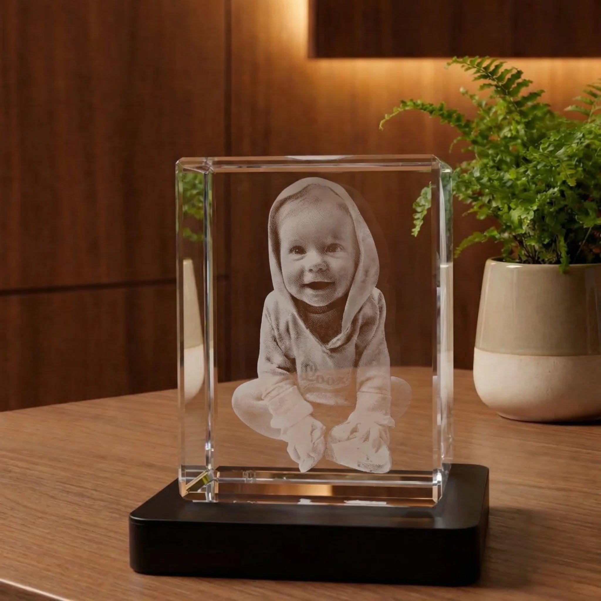 Portrait d’enfant gravé dans un prisme en verre personnalisé, posé sur une table en bois.