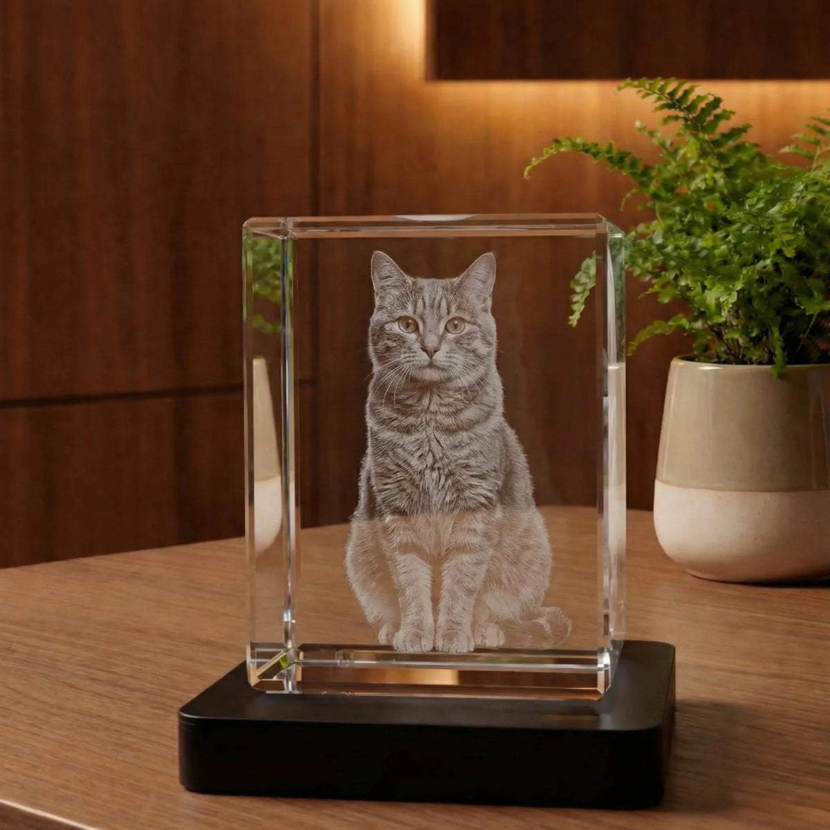 Portrait d'un chat gravé dans un prisme de verre personnalisé, posé sur une table en bois