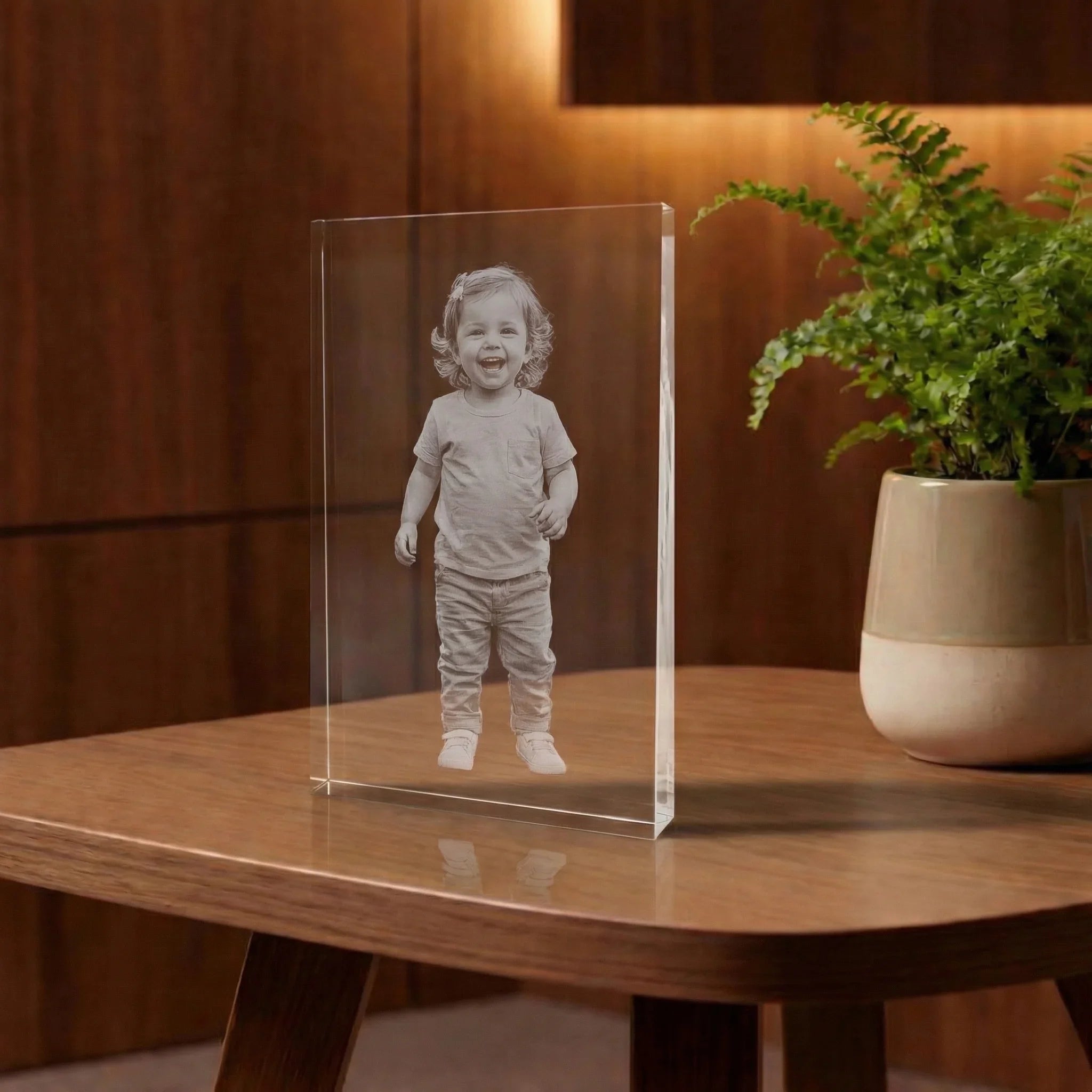 Bloc en verre gravé avec photo d’enfant, posé sur une table en bois, décoration chaleureuse