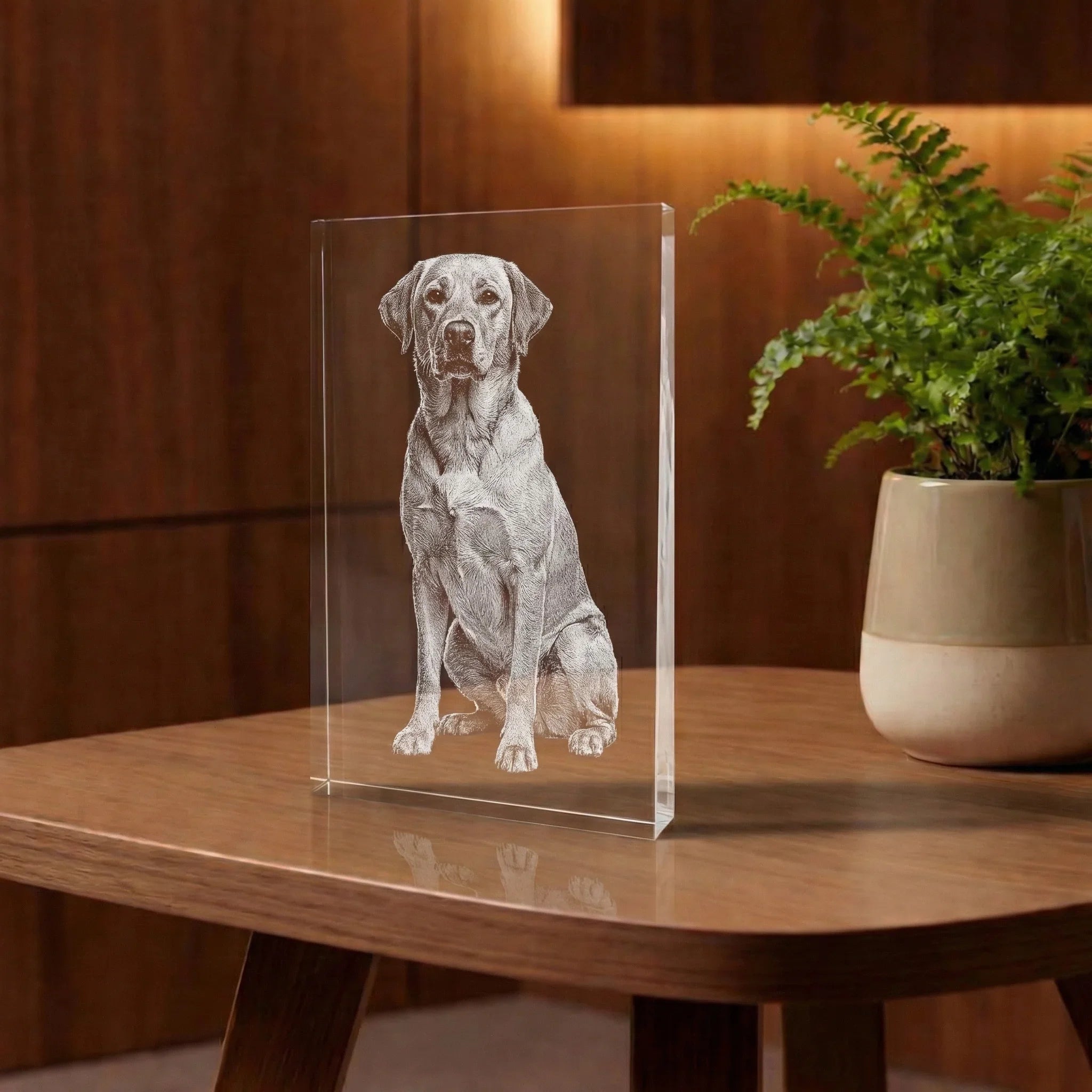 Photo gravée dans un bloc de verre représentant un chien, cadeau personnalisé décoratif