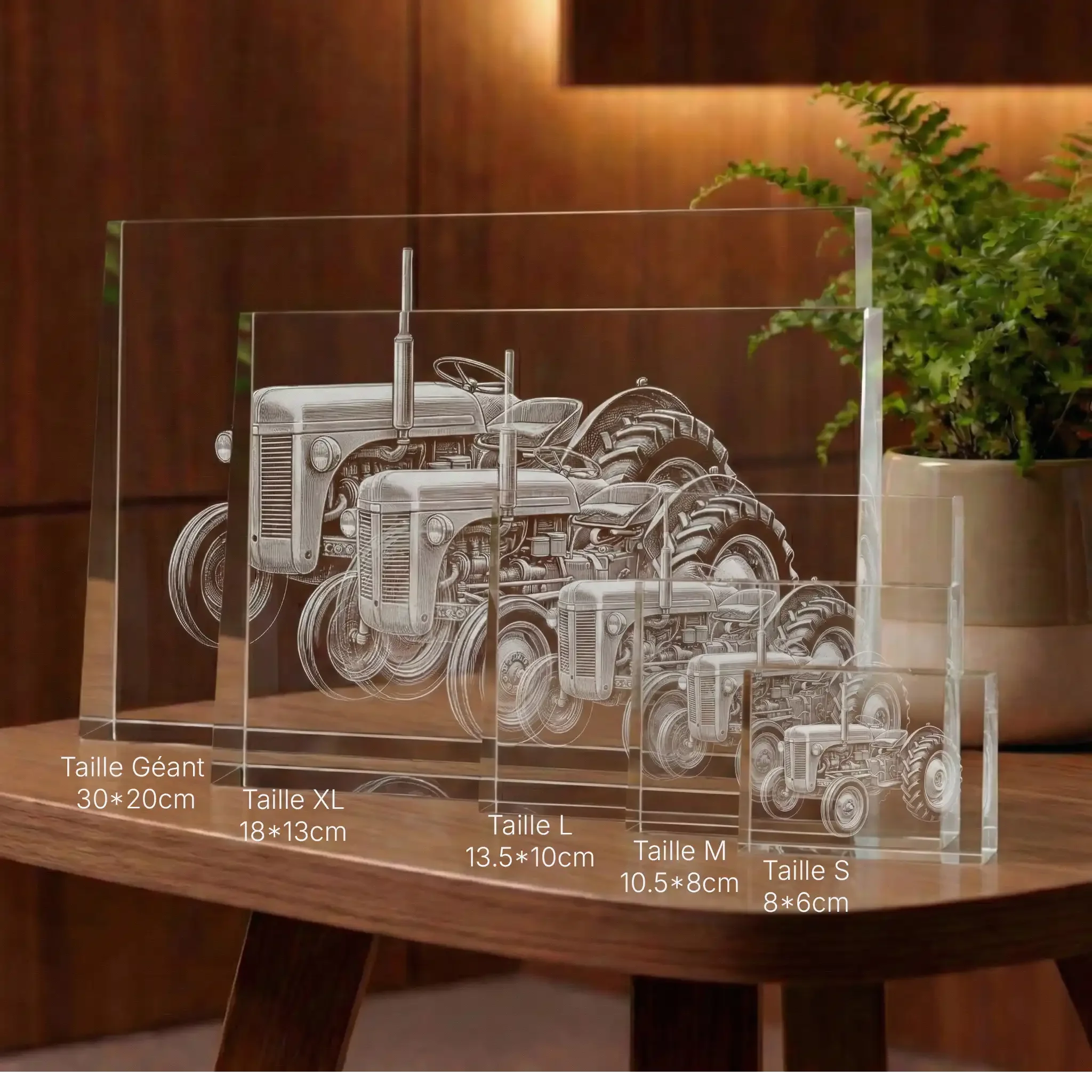 Prismes en verre gravés d’un tracteur, cinq tailles différentes sur une table en bois.