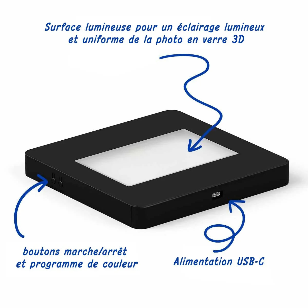Socle lumineux noir USB-C pour photo en verre 3D, boutons de contrôle visibles