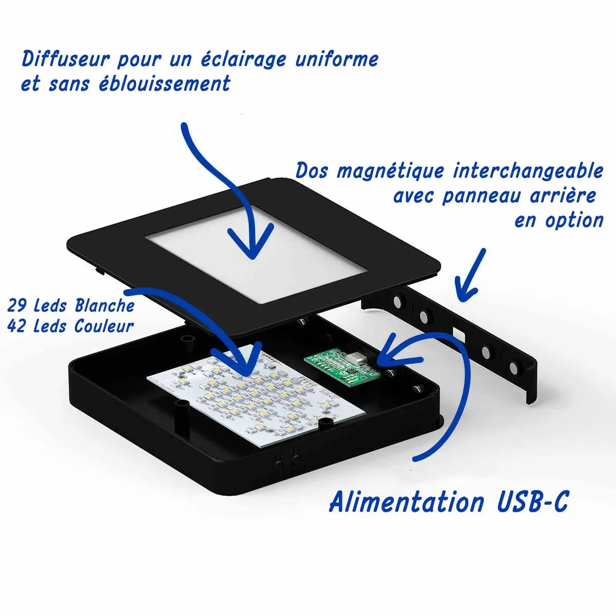 Socle lumineux LED USB-C noir avec diffuseur, dos magnétique, idéal pour cadeaux personnalisés en verre.