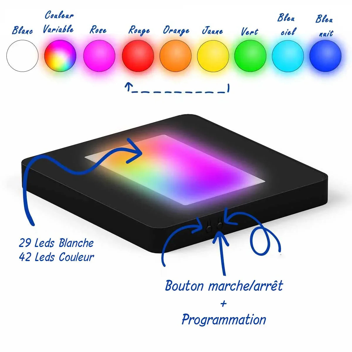 Socle LED lumineux multicolore carré pour photo gravée en verre, 9 couleurs, bouton marche/arrêt.