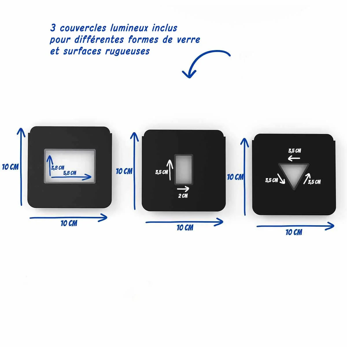 3 couvercles lumineux noirs pour socle lumineux, formats variés, dimensions indiquées