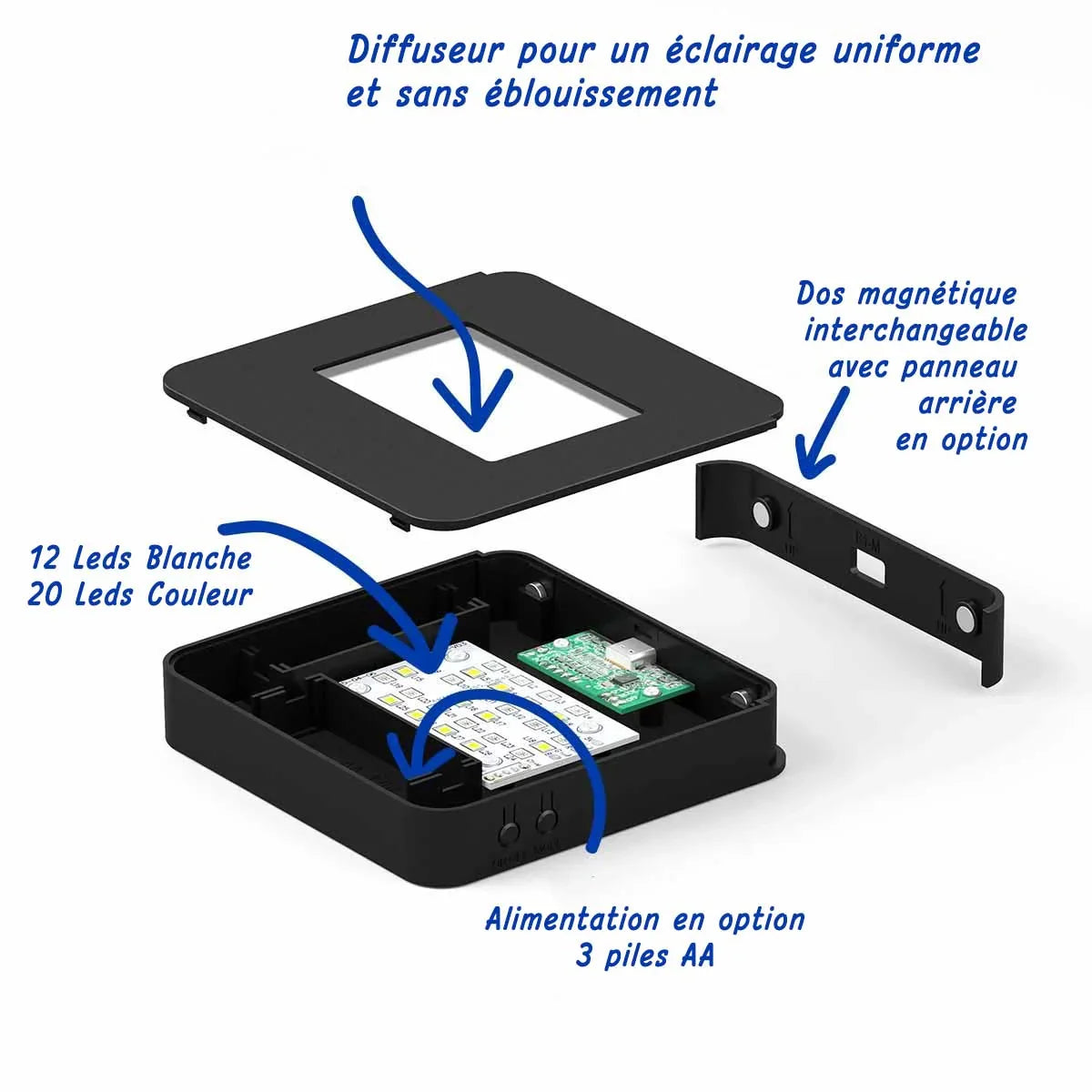 Socle lumineux noir avec LEDs blanches et couleurs, diffuseur carré, support magnétique amovible.