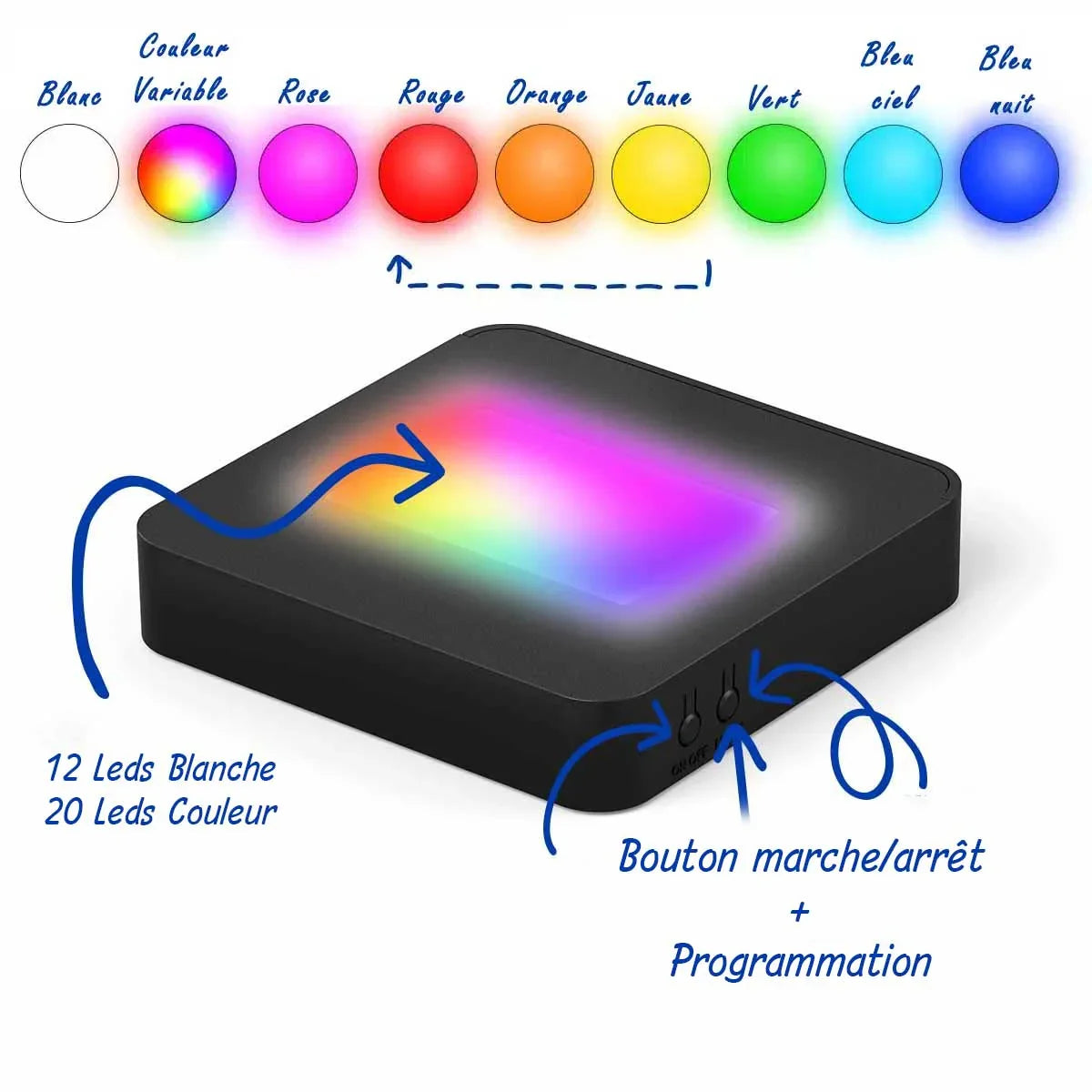 Socle lumineux LED noir avec éclairage multicolore, boutons marche/arrêt, idéal cadeau personnalisé