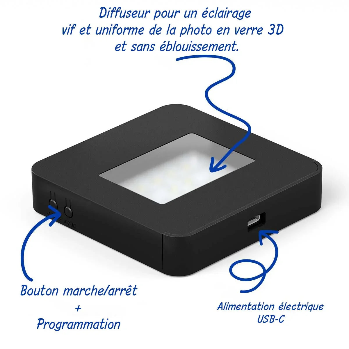 Socle lumineux noir USB-C pour photo gravée en verre, boutons marche/arrêt et programmation.