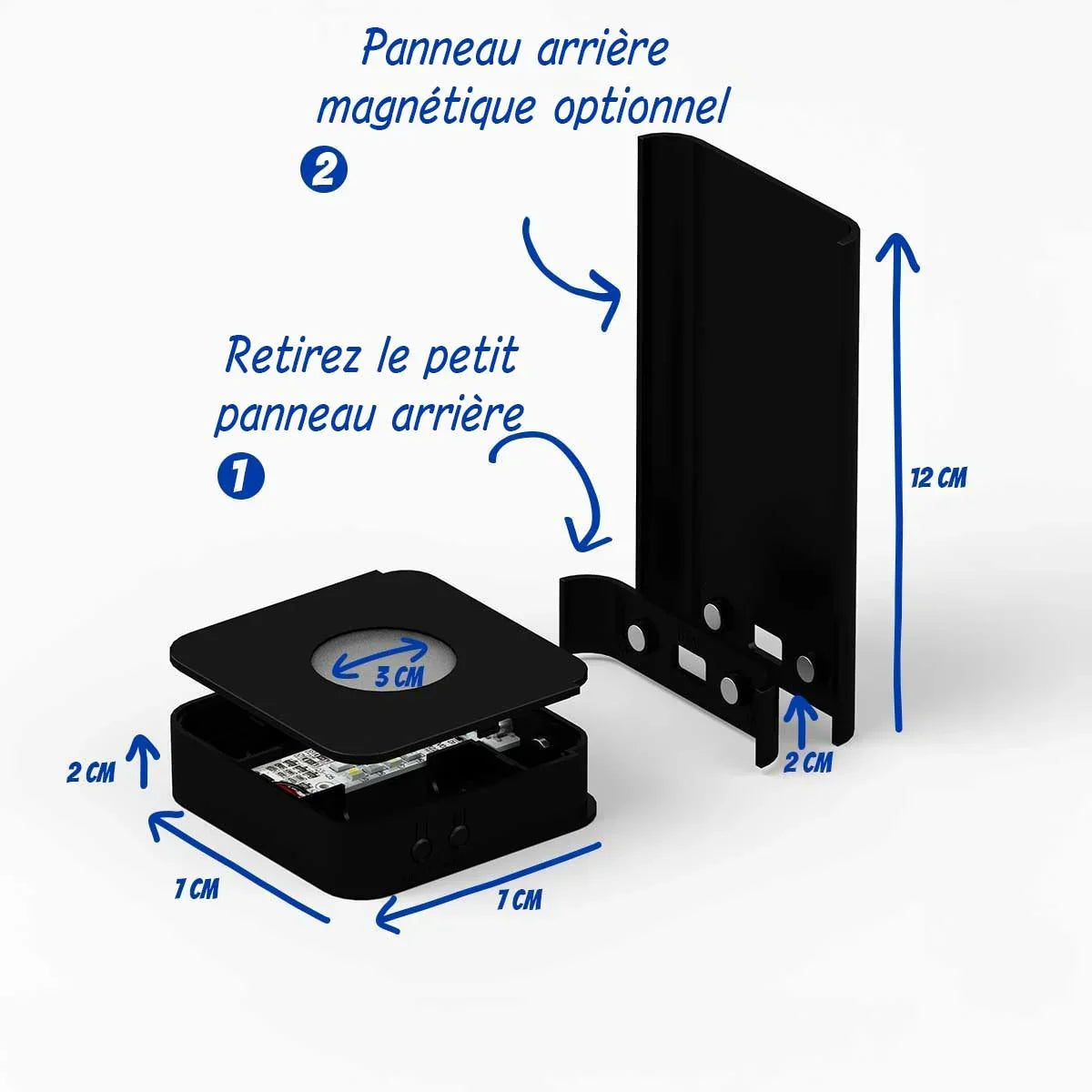 Support mural noir avec panneau magnétique optionnel, dimensions 7x7x2 cm et 12 cm de hauteur