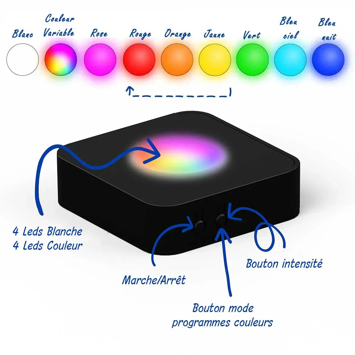 Lampe LED multicolore avec boutons de contrôle et options de couleur variées