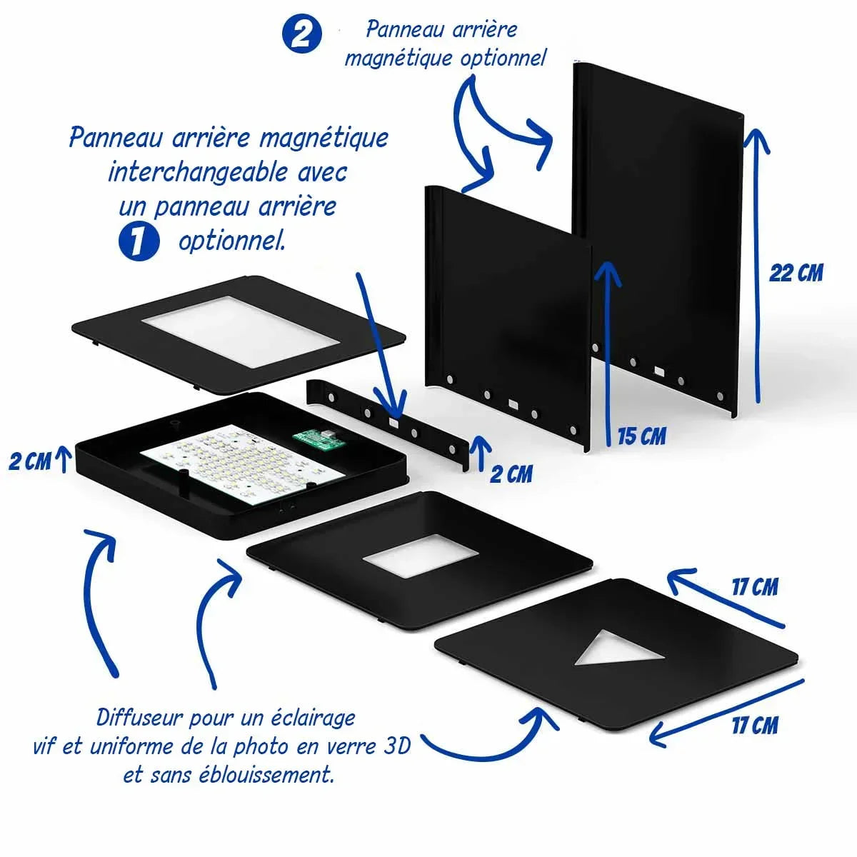Socle lumineux XL noir démonté avec panneau arrière magnétique et diffuseur pour photo en verre 3D