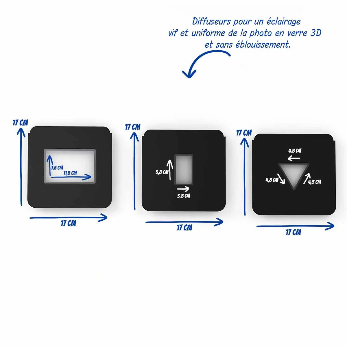 Trois socles diffuseurs LED noirs, formats variés, pour photo gravée en verre 3D, dimensions en cm.