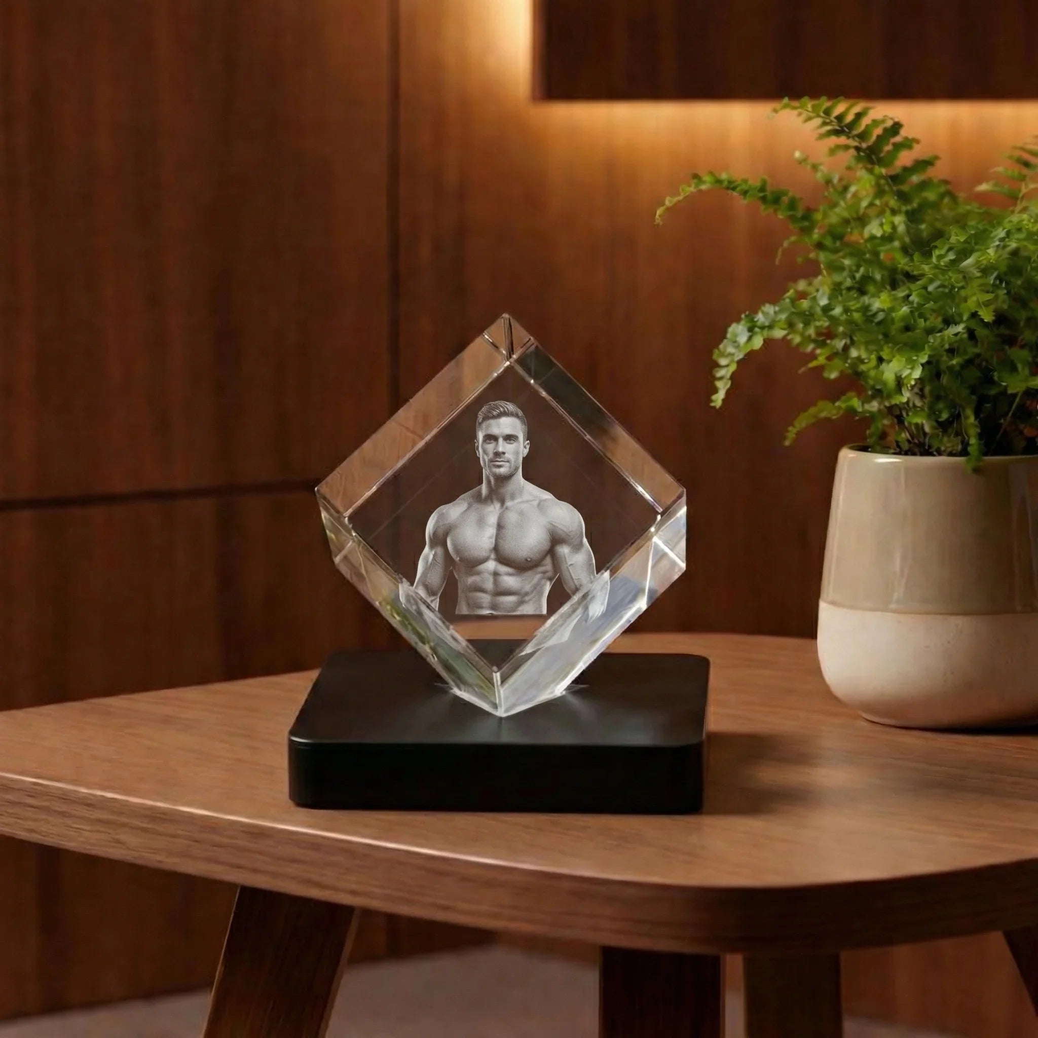 Photo gravée d'un homme musclé dans un bloc de verre sur une table en bois, cadeau personnalisé