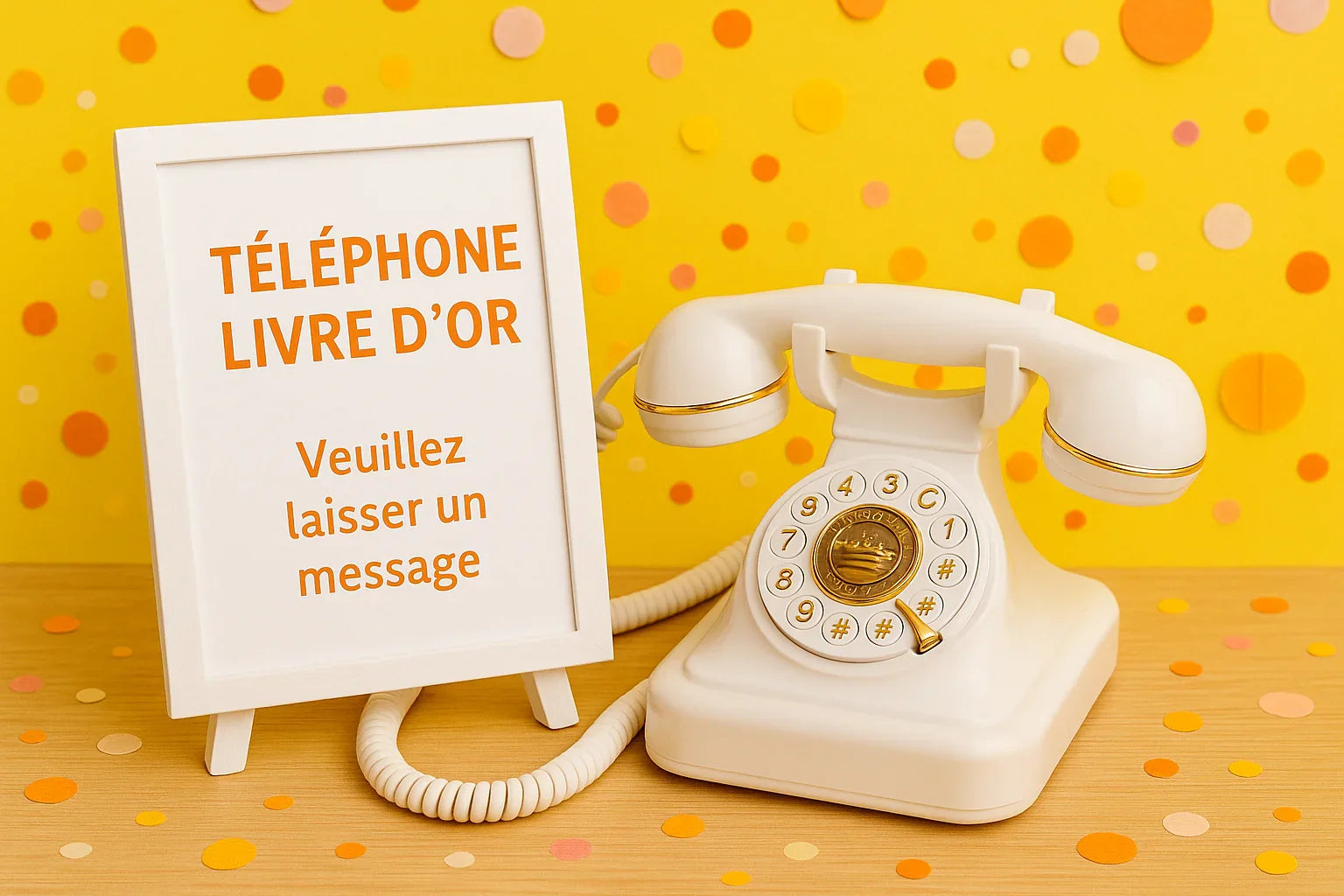 Téléphone vintage blanc et pancarte livre d'or sur fond jaune décoratif, idée cadeau personnalisé