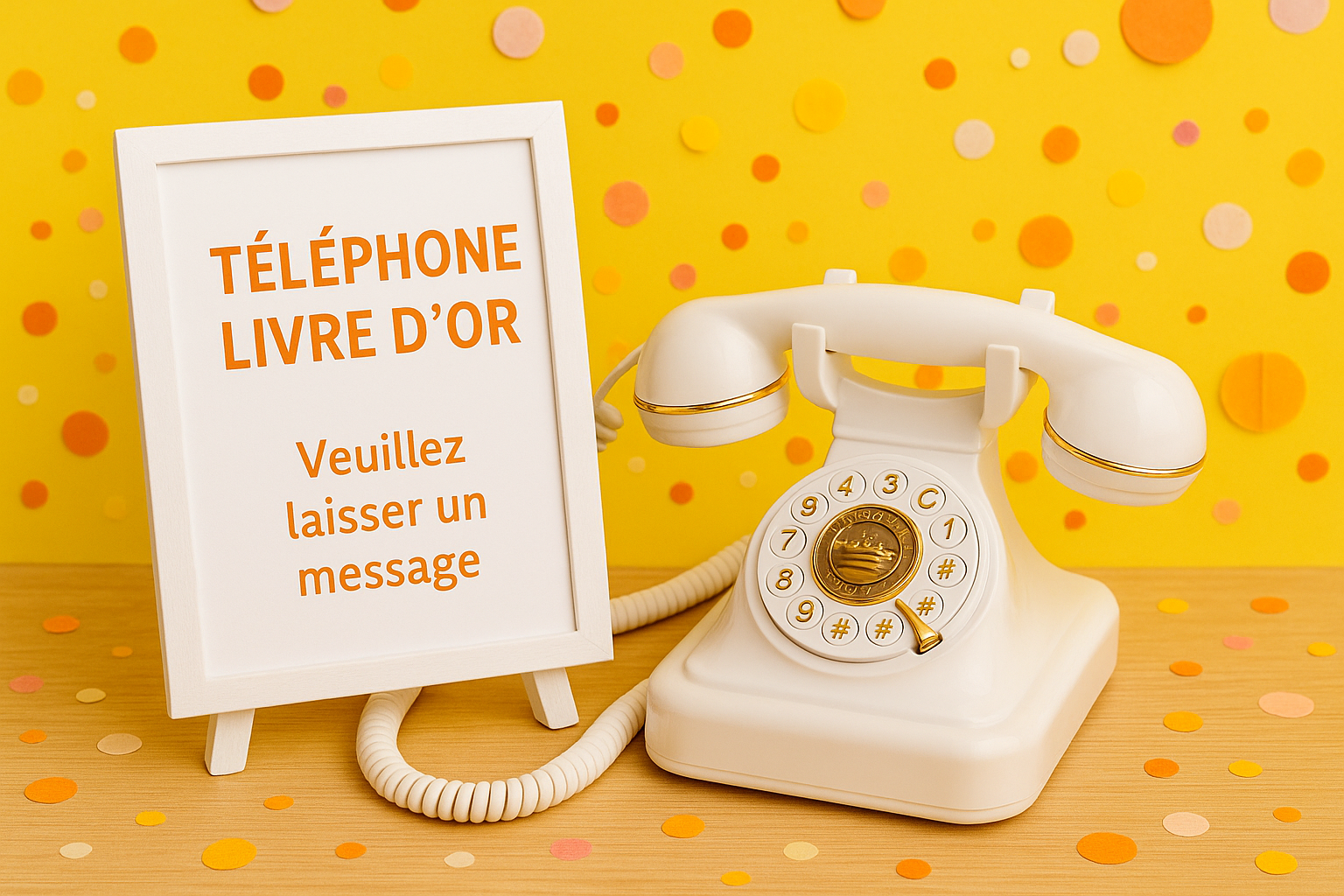 Téléphone vintage blanc et panneau 'Téléphone livre d'or' sur fond jaune décoré, cadeau personnalisé