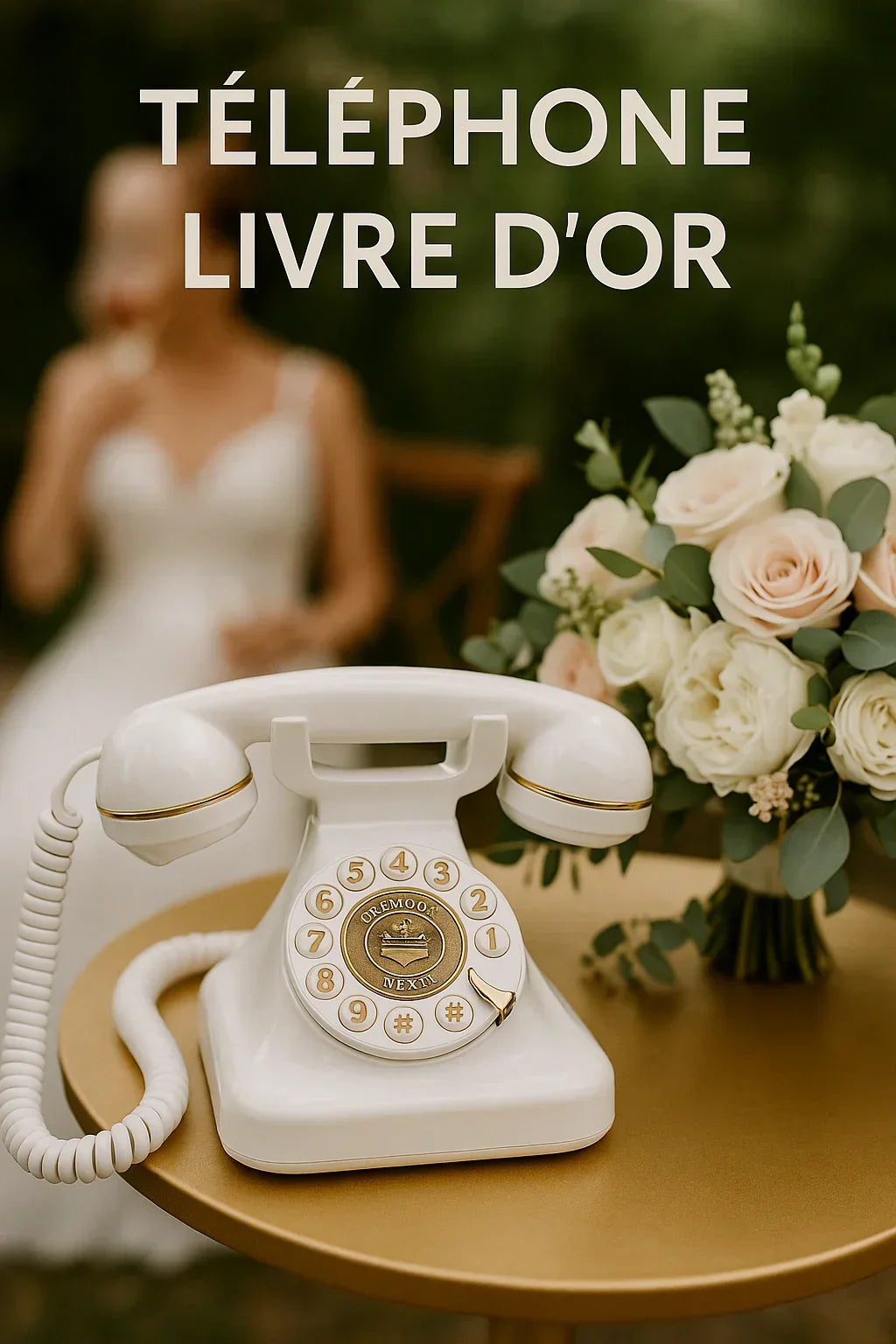 Téléphone vintage blanc sur table dorée avec bouquet de fleurs, décoration mariage élégant