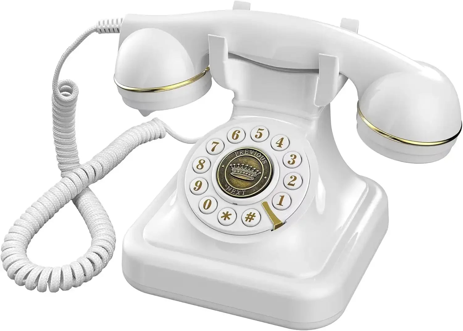 Téléphone rétro blanc à cadran rotatif, design vintage élégant, cordon spiralé