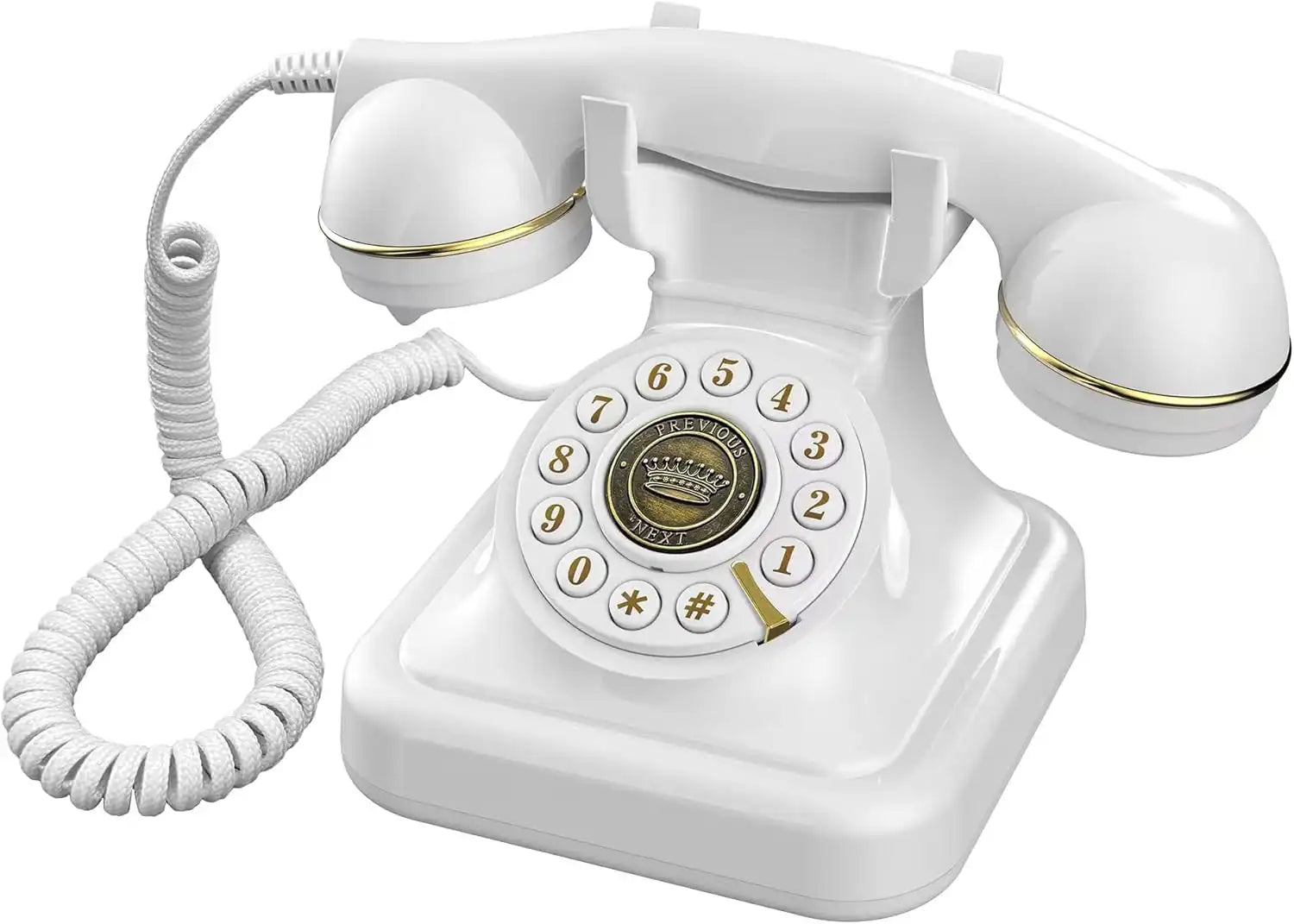 Téléphone vintage blanc à cadran rotatif et détails dorés, style rétro classique
