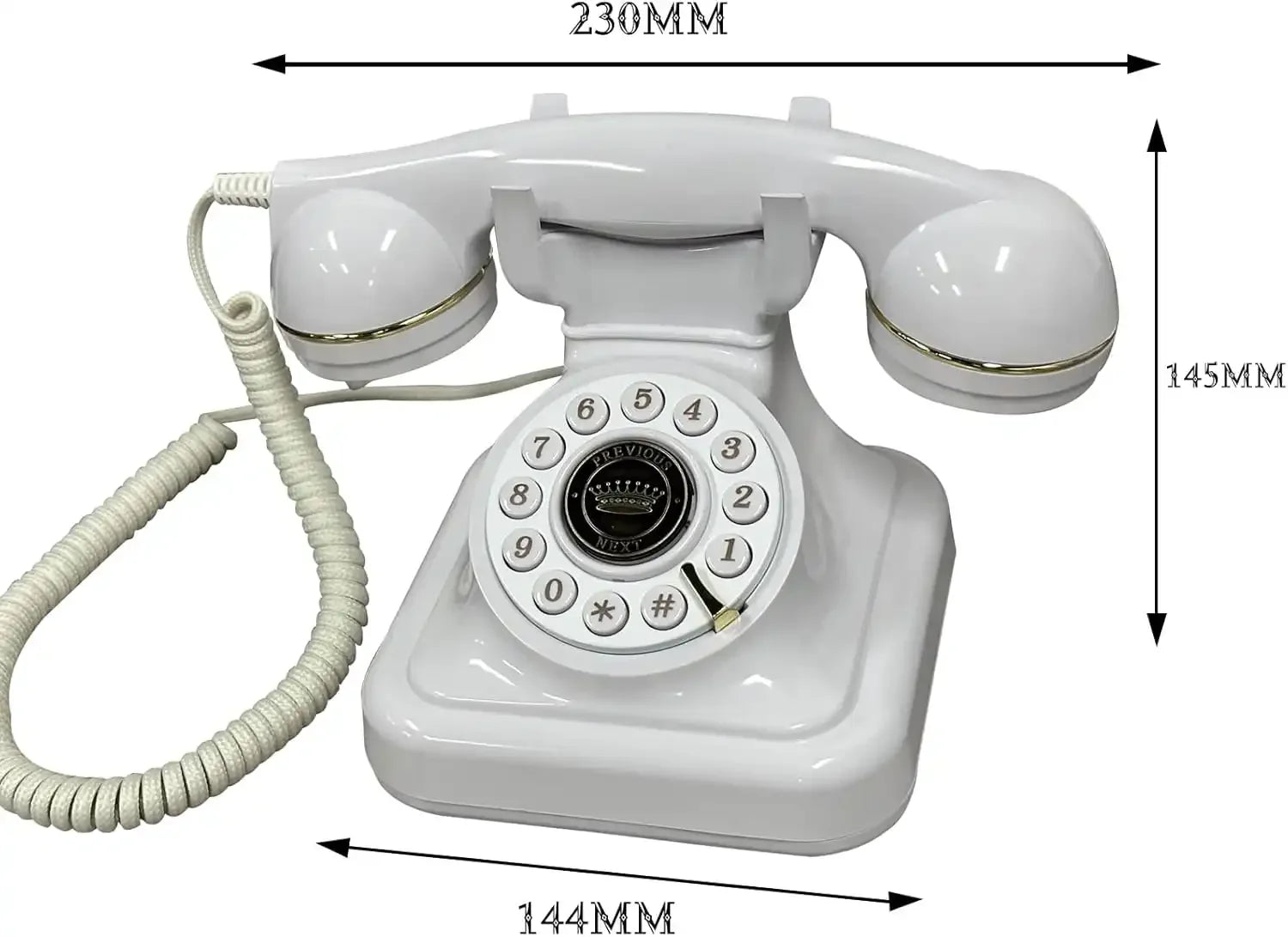 Téléphone rétro blanc à cadran rotatif, cordon spiralé, dimensions indiquées en mm
