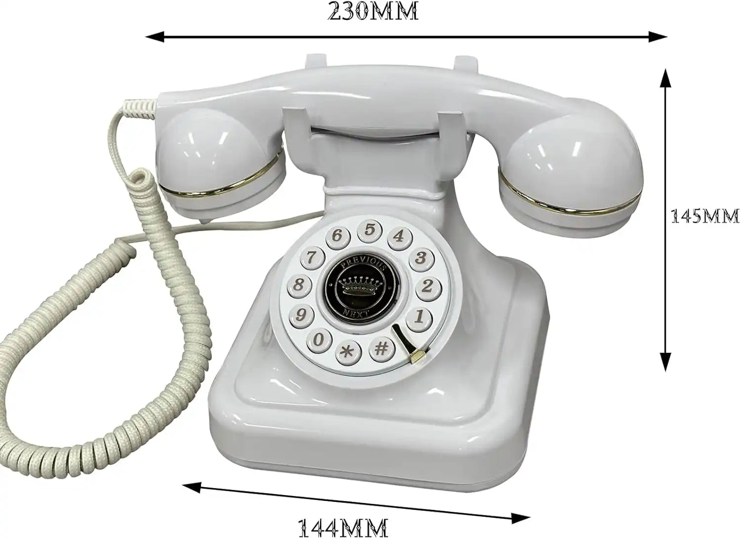 Téléphone rétro blanc à cadran rotatif, dimensions 230x145x144 mm, cordon spiralé