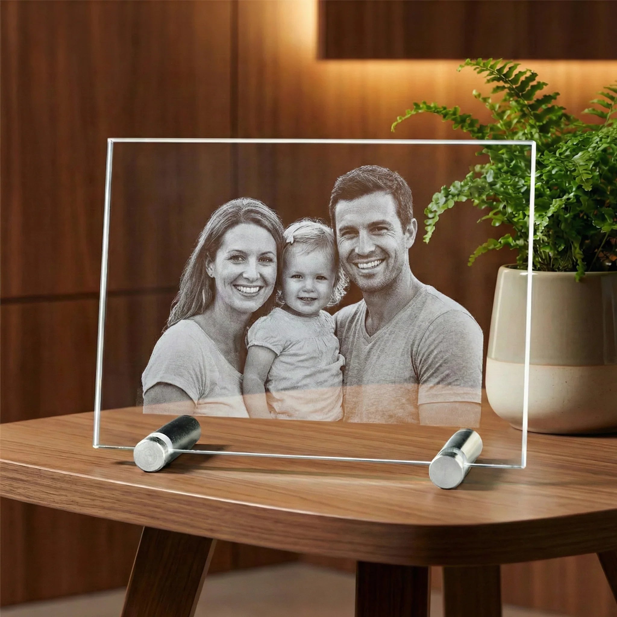 Photo de famille gravée sur verre posée sur une table en bois, cadeau personnalisé décoratif