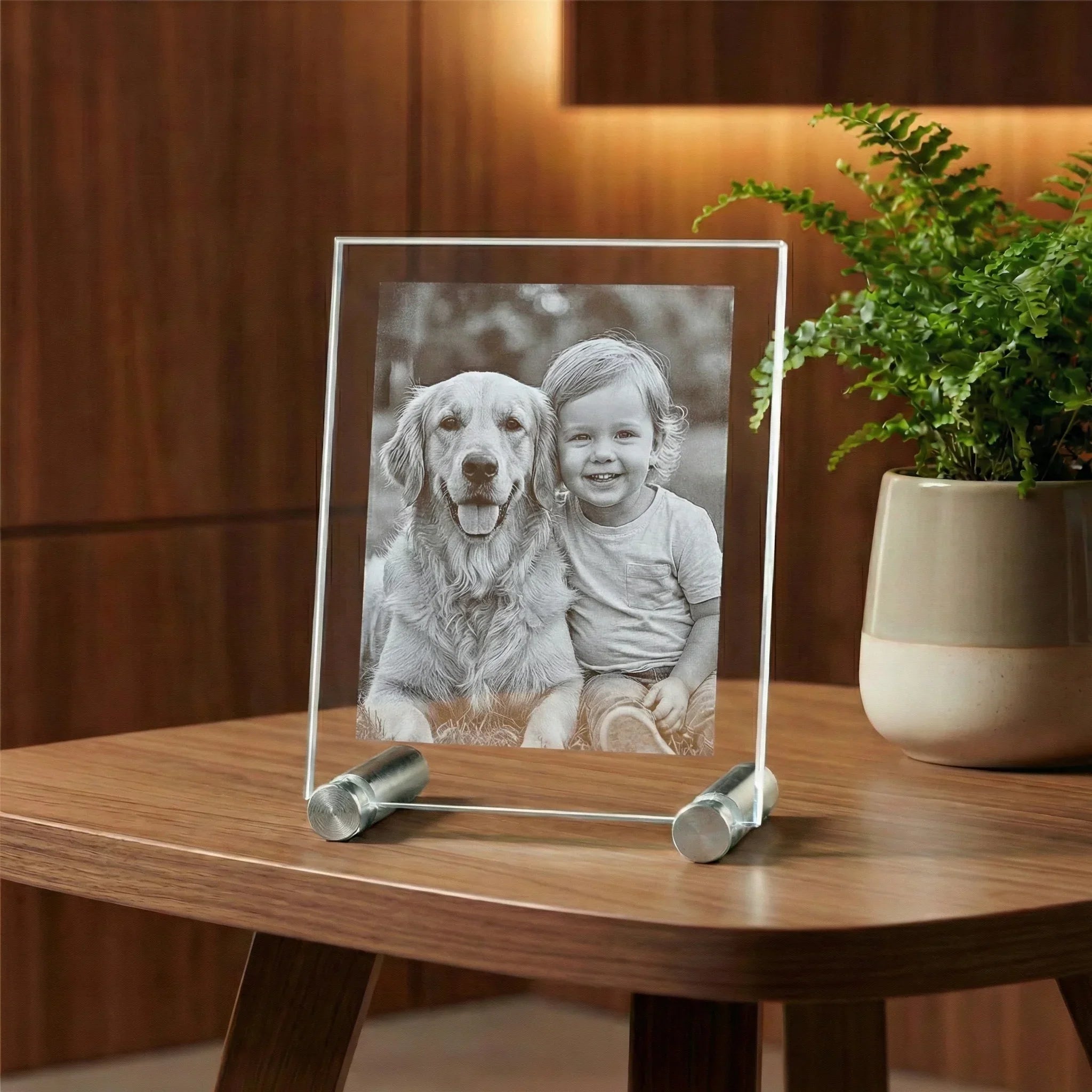 Cadre en verre avec photo gravée d’un enfant et d’un chien, cadeau personnalisé décoratif