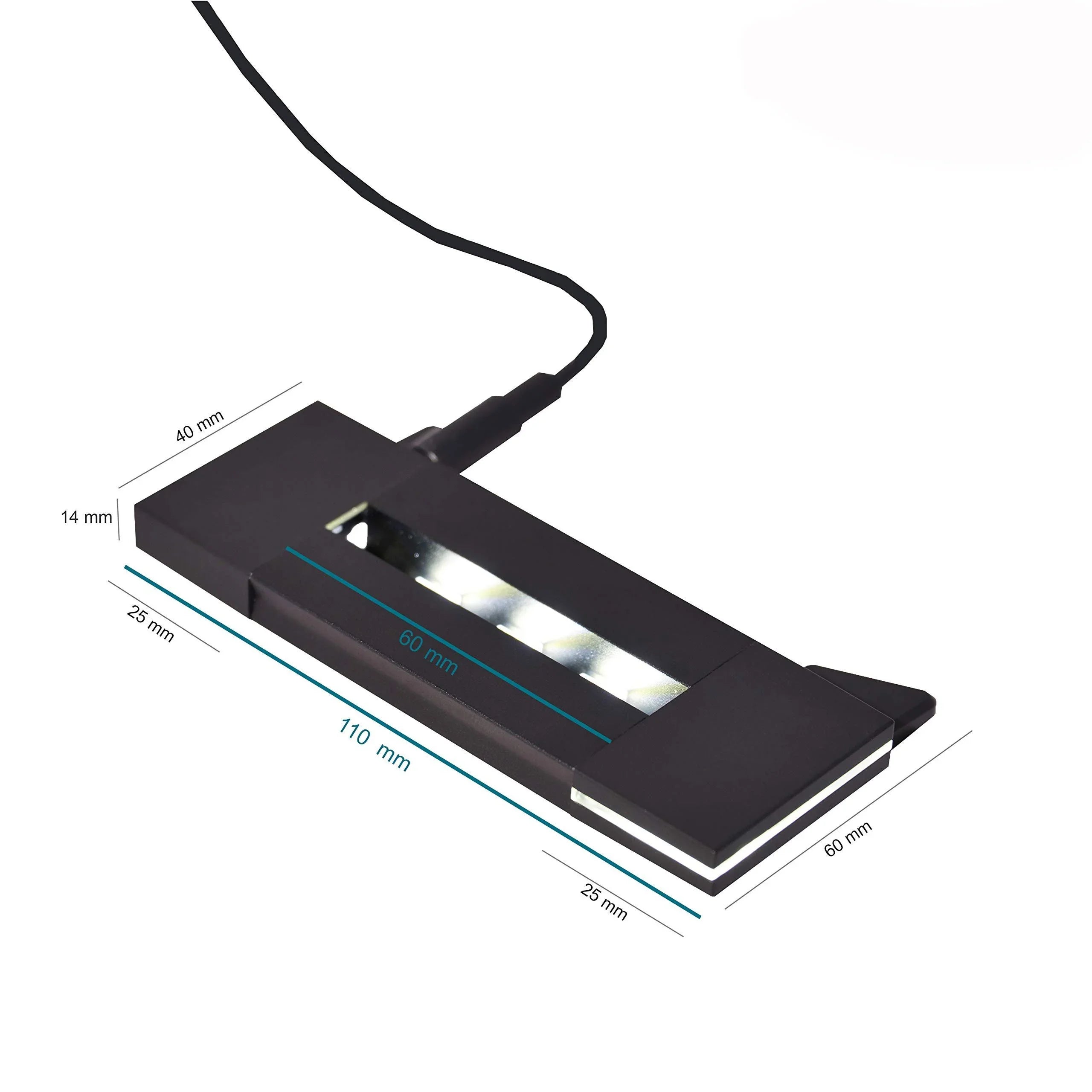 Socle lumineux LED rectangulaire noir pour support de photo gravée en verre, avec dimensions indiquées