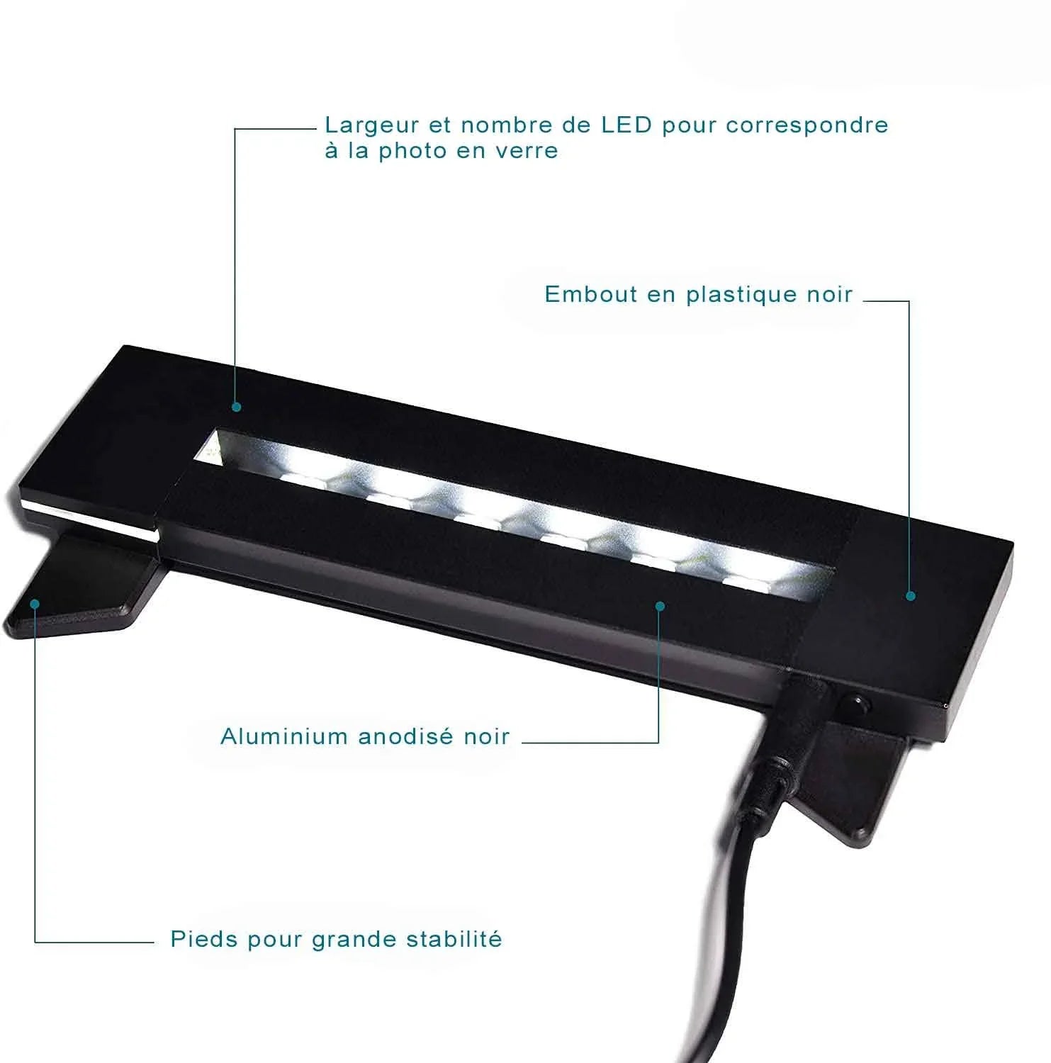 Socle lumineux LED noir pour photo gravée dans le verre, aluminium anodisé, pieds stables.
